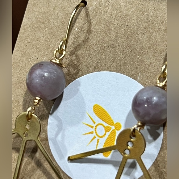 Hand Crafted Raw Brass & Lepidolite Earrings - Picture 4 of 5